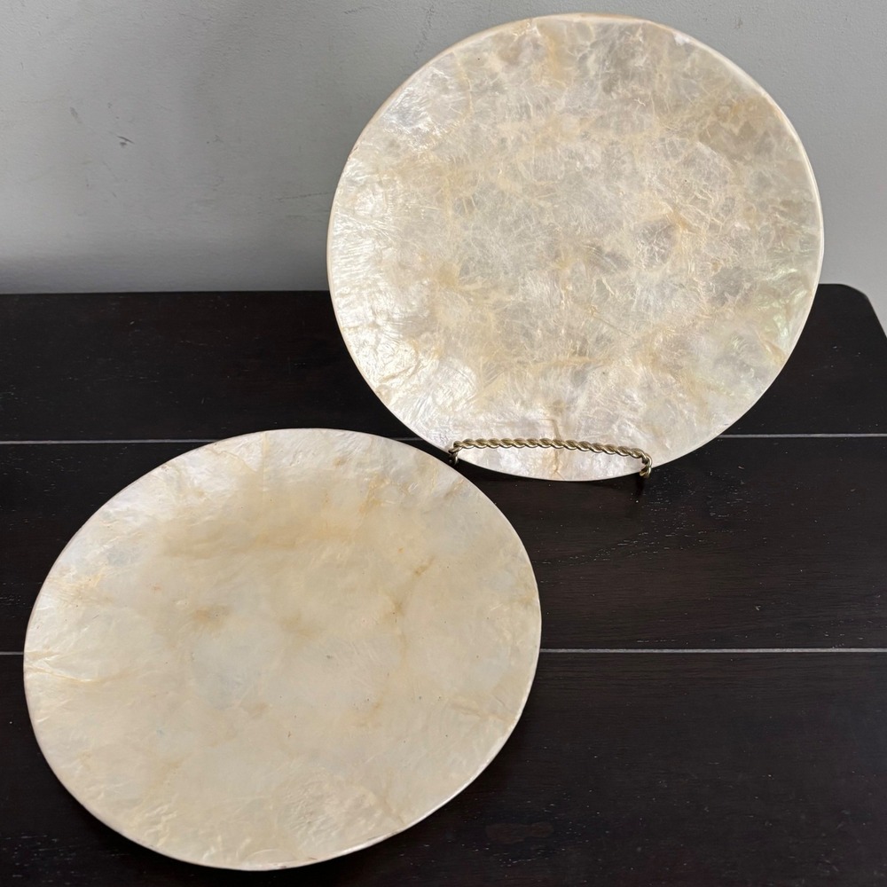 Set of 2 Capiz Shell Decorative Plates | Iridescent Mother of Pearl | Round 8"